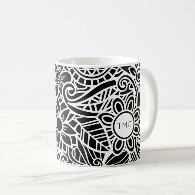 Mug Mandela Tropical Floral INITIALES Black Blanc Fun (Devant droit)