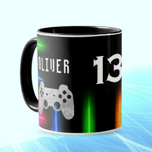 Mug Manette de jeu vidéo de gamer Néon Nom Âge 