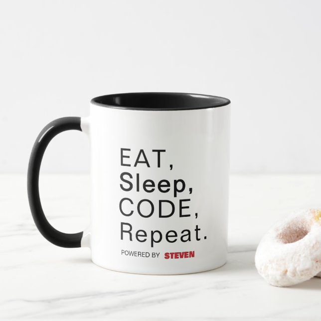 Mug Mangez, Dormez, Code, Répétez. Alimenté par [Nom p (Avec donut)