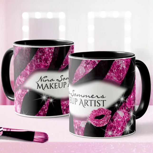 Mug Maquilleuse Glam Rose Paillettes Lèvres Impression (Créateur téléchargé)
