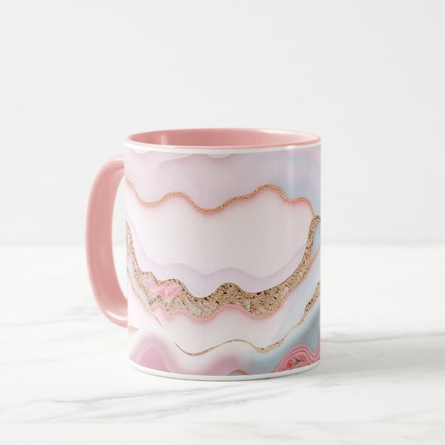 Mug Marbre Agate Moderne Bleu Rose Collection Or (Devant gauche)