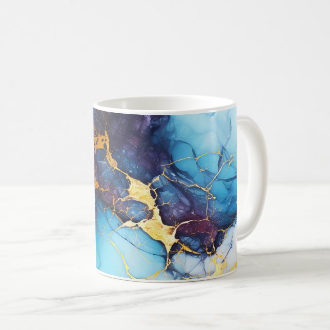 Mug Marbre Azur et Améthyste avec Veines Dorées (Devant droit)