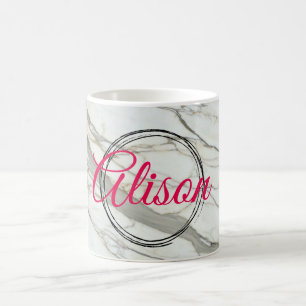 Mug Marbre blanc chic fuchsia design nom personnalisé