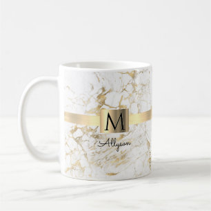 Mug Marbre blanc et or, nom du script et monogramme