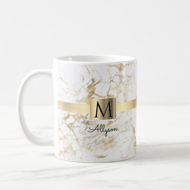 Mug Marbre blanc et or, nom du script et monogramme (Gauche)