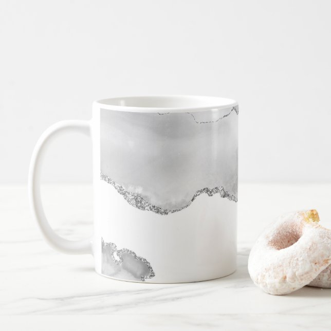 Mug Marbre blanc gris Agate Parties scintillant argent (Avec donut)
