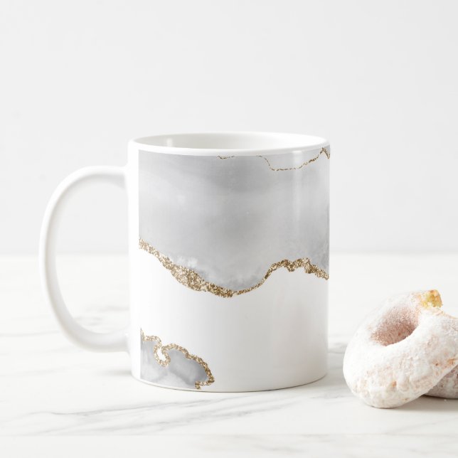Mug Marbre Blanc Grisé Agate Raffiné Paillettes Dorées (Avec donut)