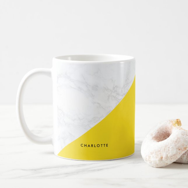 Mug Marbre blanc moderne avec Musique à bloc jaune (Avec donut)