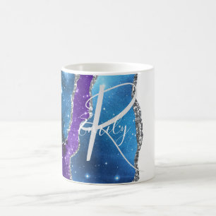 Mug Marbre bleu et violet Agate Nom Abstrait Monogramm