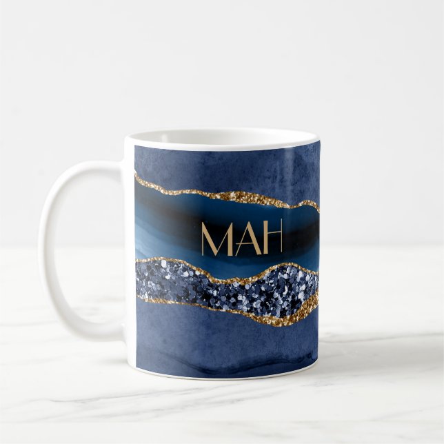 Mug Marbre d'agate à paillettes bleues dorées avec mon (Gauche)