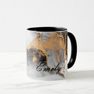 Mug Marbre d'aquarelle noir et or personnalisé de luxe