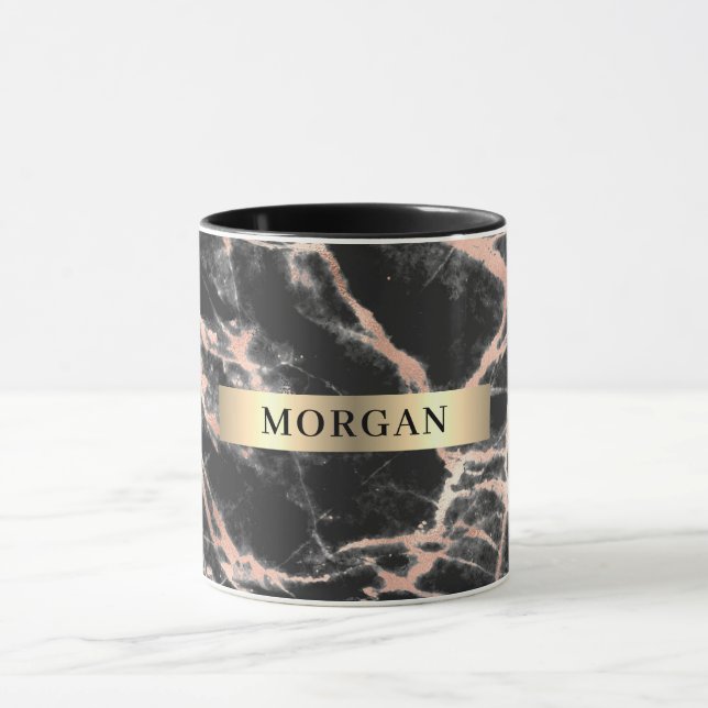 Mug Marbre d'or noir et Rose, Nom sur Bande d'or jaune (Centre)