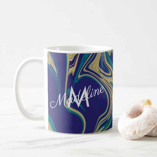 Mug Marbre Liquide Faux Or Bleu Vert Monogrammé (Avec donut)