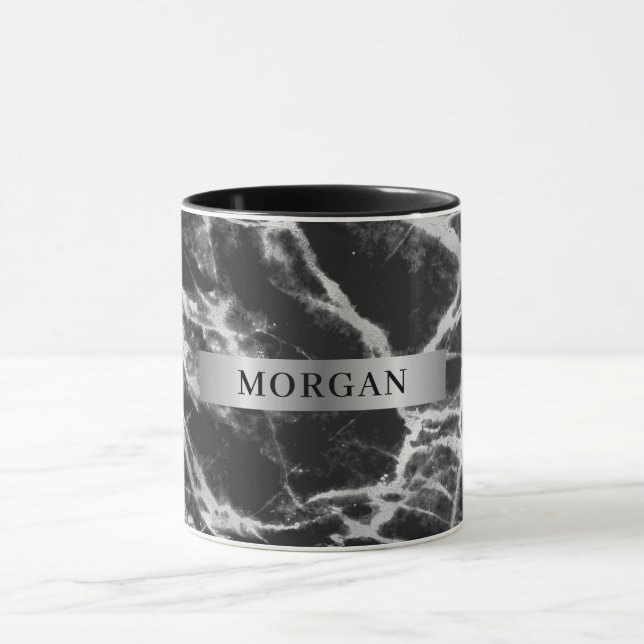 Mug Marbre noir et gris, Nom sur Musique Argent (Centre)
