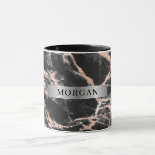 Mug Marbre Or Rose & Noir, Nom sur Mugue Bande Argenté