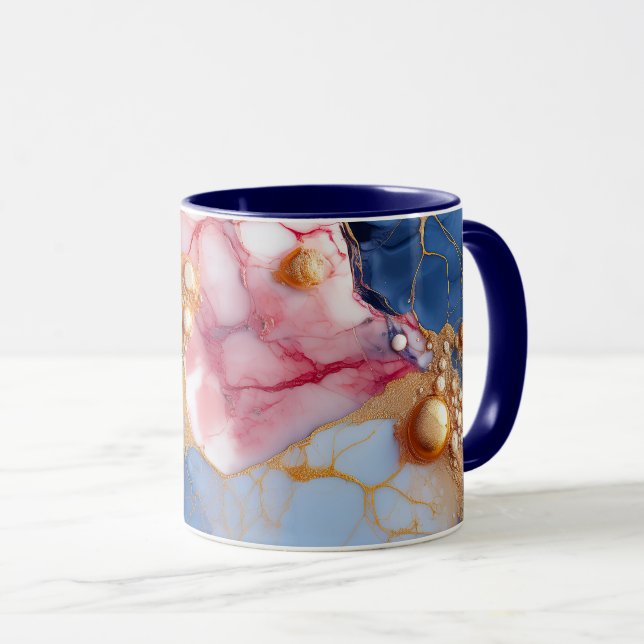 Mug Marbre Rose et Saphir avec Perles Dorées (Devant droit)