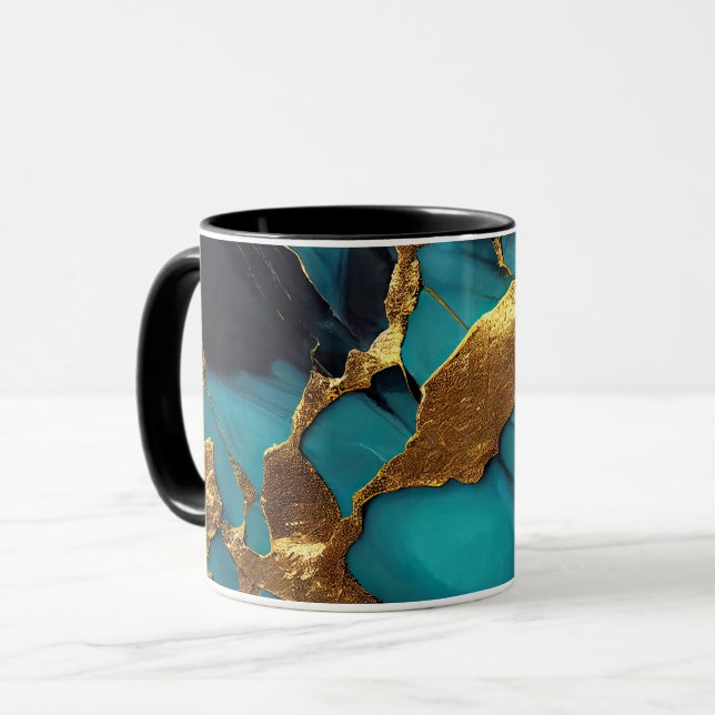 Mug Marbre sarcelle profond avec veines dorées audacie (Devant gauche)