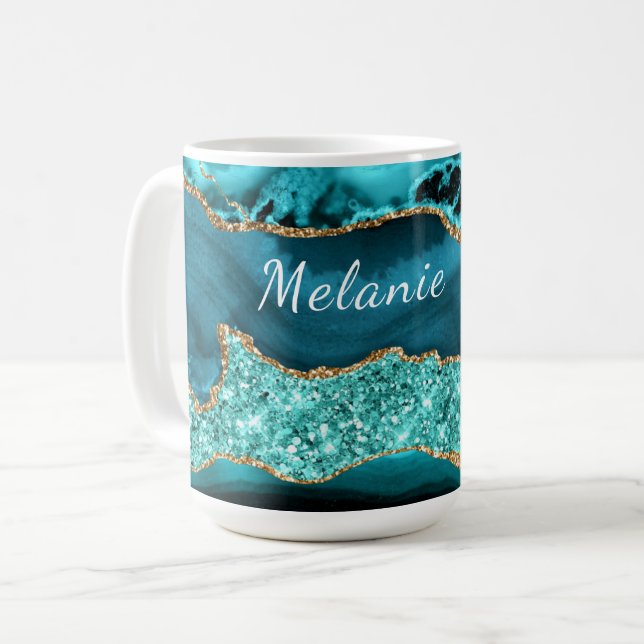 Mug Marbre turquoise Blue Gold Parties scintillant Nom (Devant gauche)