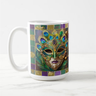 Mug Mardi Gras Gold Ceramic Peacock Feature Masque
