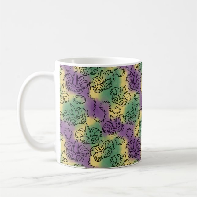 Mug Mardi Gras Masks and Beads Doodle Art Style (Gauche)
