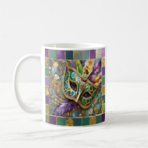 Mug Mardi Gras Masque de plumes vert et doré