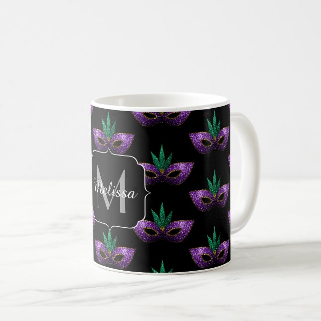 Mug Mardi Gras Masque violet vert or étincelle Monogra (Devant droit)
