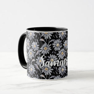 Mug Marguerites gris argent sur noir personnalisable
