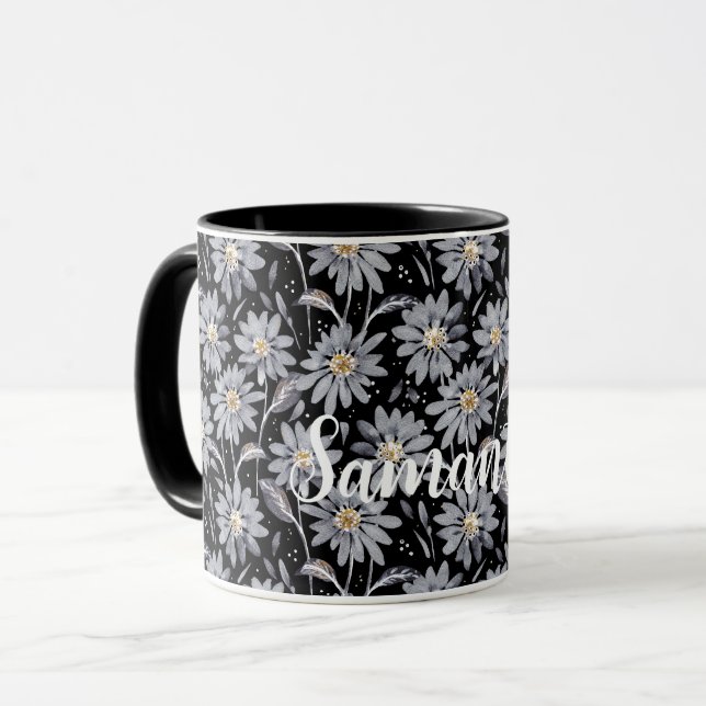 Mug Marguerites gris argent sur noir personnalisable (Devant gauche)