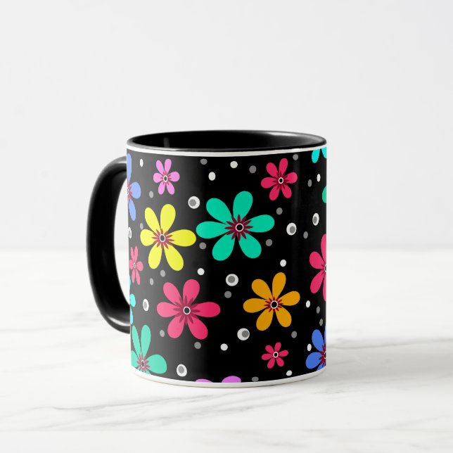 Mug Marguerites multicolores sur fond noir  (Devant gauche)