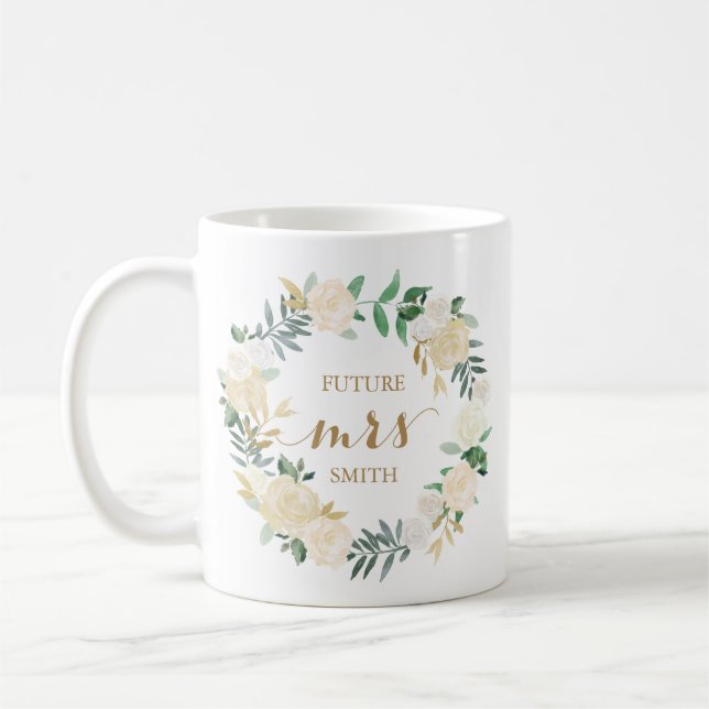 Mug Mariage à fleurs blanches d'or Planification Mme C (Gauche)