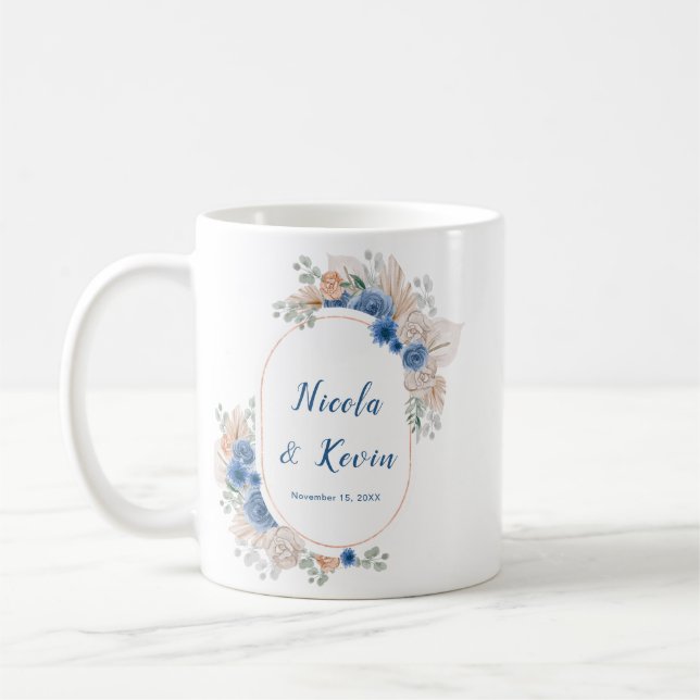 Mug Mariage à l'herbe de Pampas Bleu Boho (Gauche)