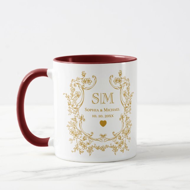 Mug Mariage à Monogramme Floral Or Élégant  (Gauche)