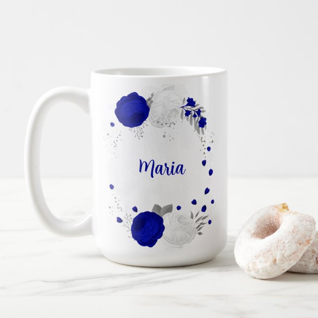 Mug mariage botanique bleu royal & fleurs blanches arg (Avec donut)