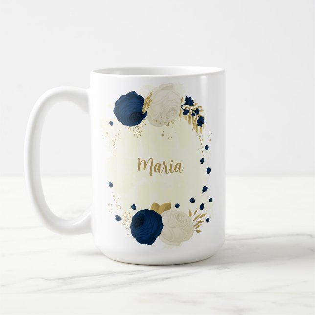 Mug mariage botanique fleurs navy & blanc or (Gauche)