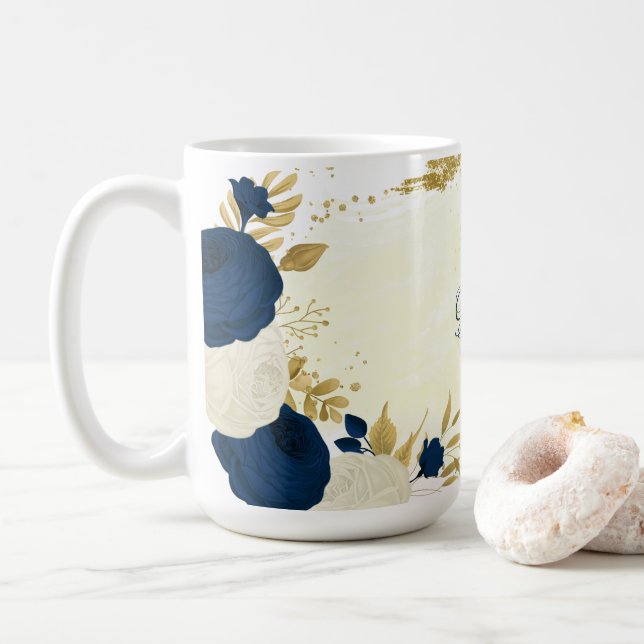 Mug mariage botanique fleurs navy & blanc or (Avec donut)