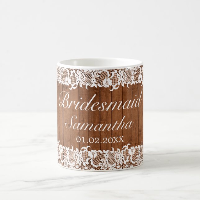 Mug Mariage Bridesmaid en bois rustique et dentelle bl (Centre)