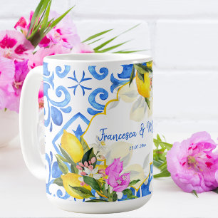 Mug Mariage Cadeau Bleu carreaux citron Bougainvillea 