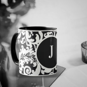 Mug Mariage damassé florale moderne noir & blanc éléga