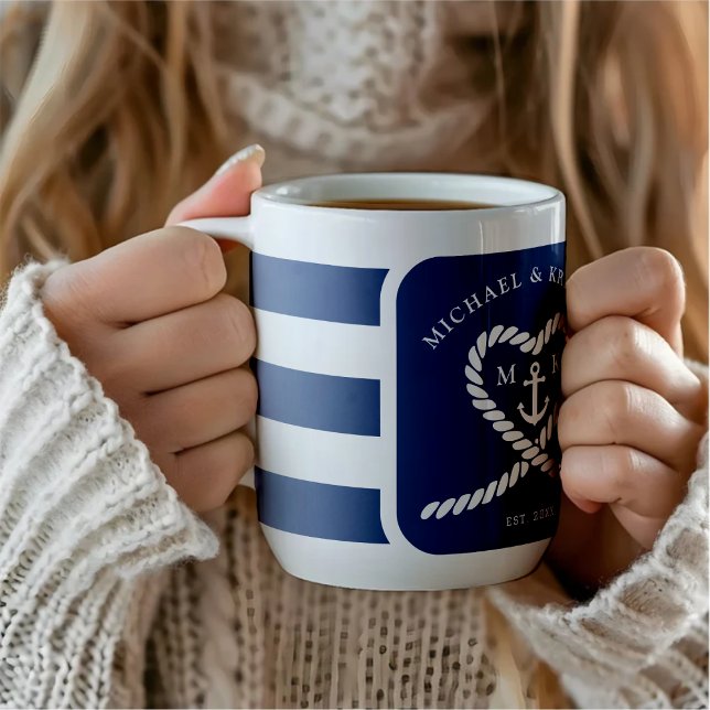 Mug Mariage d'Ancre du coeur rayé bleu marine (Nautical Blue Striped Heart Anchor Wedding Coffee Mug
)