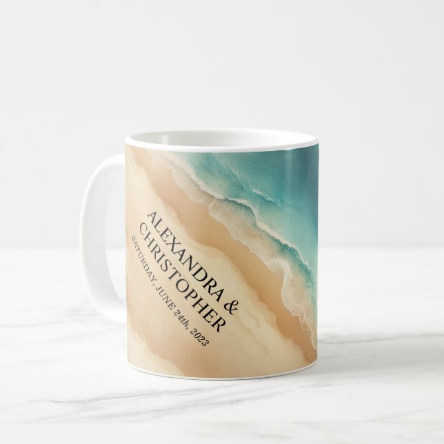 Mug Mariage d'été à l'aquarelle sur la plage océane (Devant gauche)