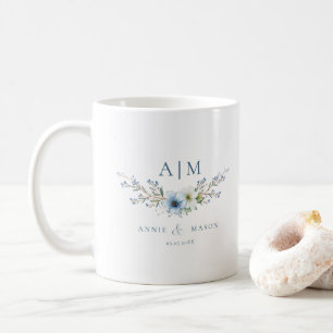 Mug Mariage élégant monogramme bleu poussiéreux