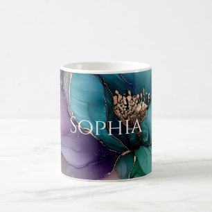 Mug Mariage Fleur Bleu Aqua Violet Doré Bain de Mariée