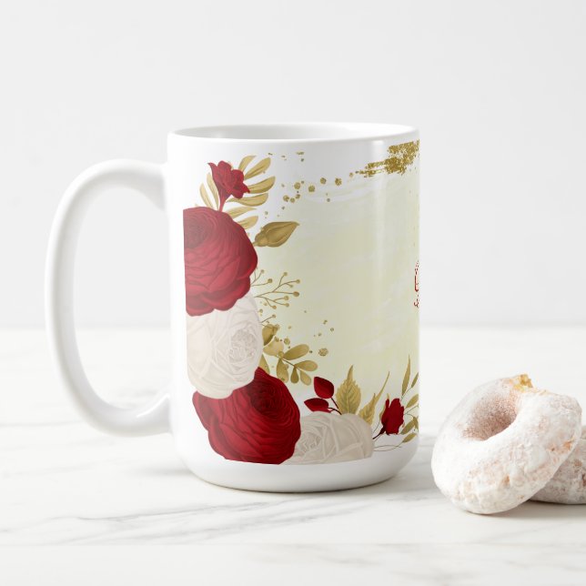 Mug Mariage fleurs blanches et rouge foncé romantiques (Avec donut)