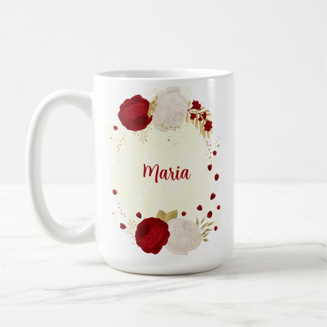 Mug Mariage fleurs romantiques rouge foncé et blanches (Gauche)