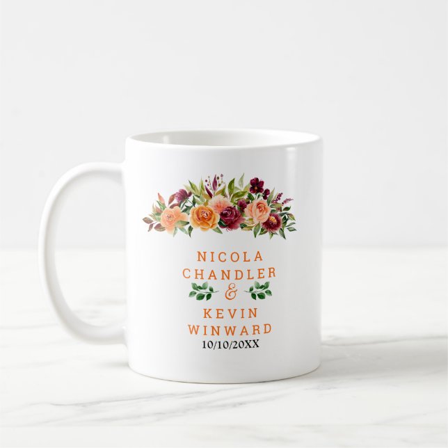 Mug Mariage Floral Automne Bourgogne et Orange (Gauche)