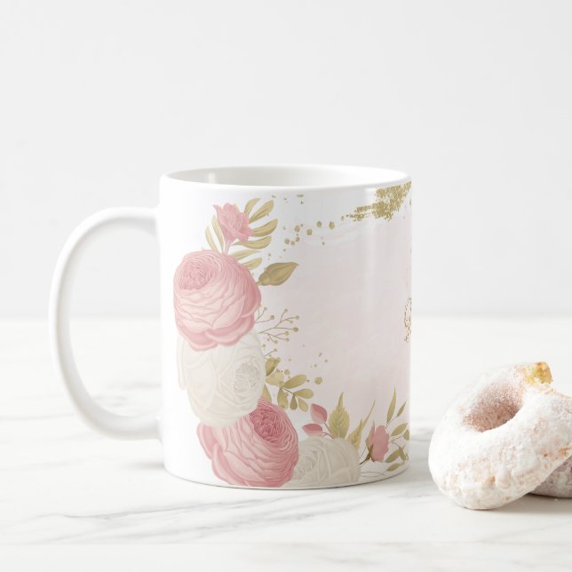 Mug Mariage floral romantique rose blanc et or (Avec donut)