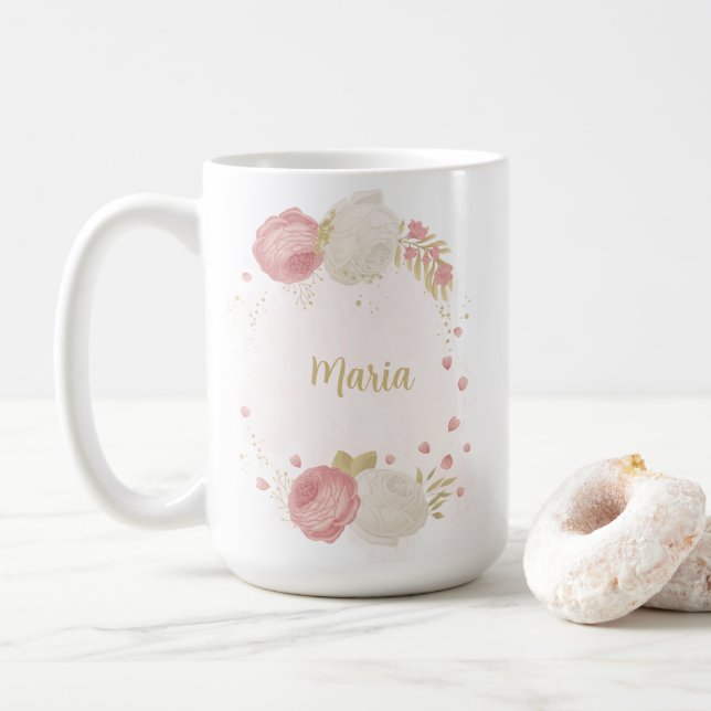 Mug Mariage floral romantique rose blanc et or (Avec donut)