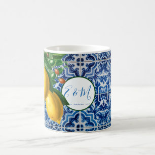 Mug Mariage Lemons Bleu Carrelage Blanc Monogramme d'é