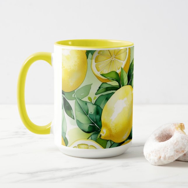 Mug Mariage moderne en bleu et citron avec motif flora (Avec donut)