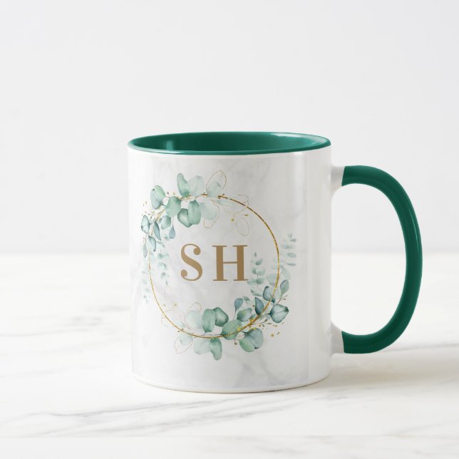 Mug Mariage Monogramme Or Eucalyptus Vert Aquarelle  (Droite)
